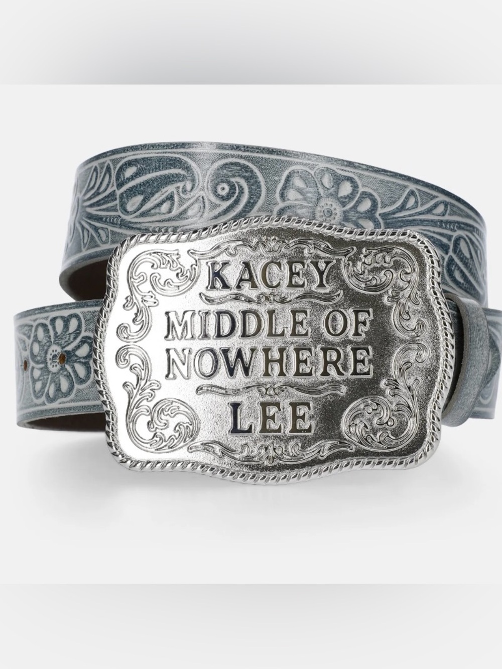 NWT Kacey Lee 2X Blue Genuine Leather Western Belt Middle of Nowhere Buckle
